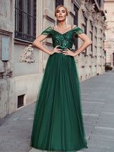 Load image into Gallery viewer, Color=Dark Green | A-Line Sweetheart Neckline Ruffle Sleeve Tulle Bridesmaid Dress With Sequin-Dark Green 1