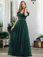 Load image into Gallery viewer, Color=Dark Green | A-Line Sweetheart Neckline Ruffle Sleeve Tulle Bridesmaid Dress With Sequin-Dark Green 7