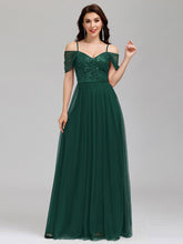 Load image into Gallery viewer, Color=Dark Green | A-Line Sweetheart Neckline Ruffle Sleeve Tulle Bridesmaid Dress With Sequin-Dark Green 9