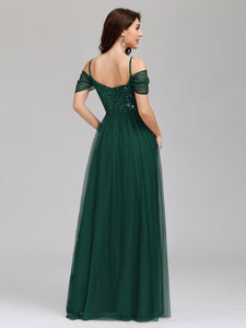 Color=Dark Green | A-Line Sweetheart Neckline Ruffle Sleeve Tulle Bridesmaid Dress With Sequin-Dark Green 10