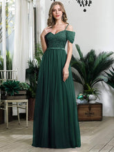 Load image into Gallery viewer, Color=Dark Green | A-Line Sweetheart Neckline Ruffle Sleeve Tulle Bridesmaid Dress With Sequin-Dark Green 4