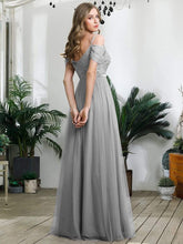 Load image into Gallery viewer, Color=Grey | A-Line Sweetheart Neckline Ruffle Sleeve Tulle Bridesmaid Dress With Sequin-Grey 2
