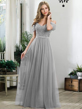 Load image into Gallery viewer, Color=Grey | A-Line Sweetheart Neckline Ruffle Sleeve Tulle Bridesmaid Dress With Sequin-Grey 3