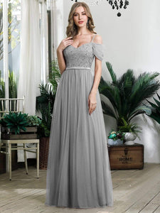 Color=Grey | A-Line Sweetheart Neckline Ruffle Sleeve Tulle Bridesmaid Dress With Sequin-Grey 4