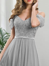 Load image into Gallery viewer, Color=Grey | A-Line Sweetheart Neckline Ruffle Sleeve Tulle Bridesmaid Dress With Sequin-Grey 5