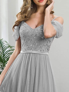 Color=Grey | A-Line Sweetheart Neckline Ruffle Sleeve Tulle Bridesmaid Dress With Sequin-Grey 5