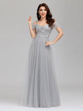 Load image into Gallery viewer, Color=Grey | A-Line Sweetheart Neckline Ruffle Sleeve Tulle Bridesmaid Dress With Sequin-Grey 6