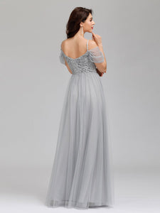 Color=Grey | A-Line Sweetheart Neckline Ruffle Sleeve Tulle Bridesmaid Dress With Sequin-Grey 7