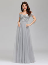 Load image into Gallery viewer, Color=Grey | A-Line Sweetheart Neckline Ruffle Sleeve Tulle Bridesmaid Dress With Sequin-Grey 8