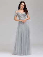 Load image into Gallery viewer, Color=Grey | A-Line Sweetheart Neckline Ruffle Sleeve Tulle Bridesmaid Dress With Sequin-Grey 9