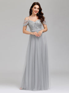 Color=Grey | A-Line Sweetheart Neckline Ruffle Sleeve Tulle Bridesmaid Dress With Sequin-Grey 9