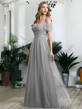 Load image into Gallery viewer, Color=Grey | A-Line Sweetheart Neckline Ruffle Sleeve Tulle Bridesmaid Dress With Sequin-Grey 1