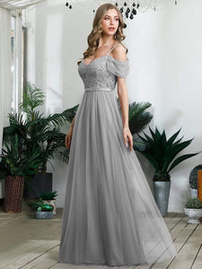 Color=Grey | A-Line Sweetheart Neckline Ruffle Sleeve Tulle Bridesmaid Dress With Sequin-Grey 1