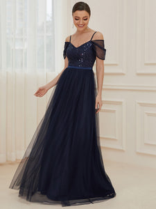Color=Navy Blue | A-Line Sweetheart Neckline Ruffle Sleeve Tulle Bridesmaid Dress With Sequin-Navy Blue 3