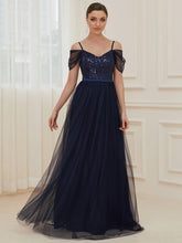 Load image into Gallery viewer, Color=Navy Blue | A-Line Sweetheart Neckline Ruffle Sleeve Tulle Bridesmaid Dress With Sequin-Navy Blue 4