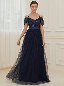 Color=Navy Blue | A-Line Sweetheart Neckline Ruffle Sleeve Tulle Bridesmaid Dress With Sequin-Navy Blue 4