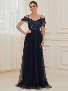 Color=Navy Blue | A-Line Sweetheart Neckline Ruffle Sleeve Tulle Bridesmaid Dress With Sequin-Navy Blue 1