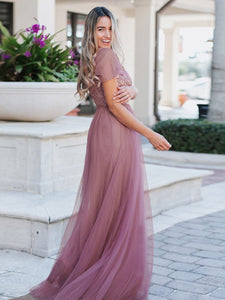 Color=Orchid | A-Line Sweetheart Neckline Ruffle Sleeve Tulle Bridesmaid Dress With Sequin-Purple Orchid 5