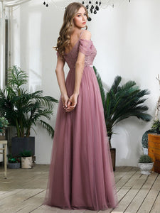 Color=Orchid | A-Line Sweetheart Neckline Ruffle Sleeve Tulle Bridesmaid Dress With Sequin-Purple Orchid 3