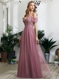 Color=Orchid | A-Line Sweetheart Neckline Ruffle Sleeve Tulle Bridesmaid Dress With Sequin-Purple Orchid 4