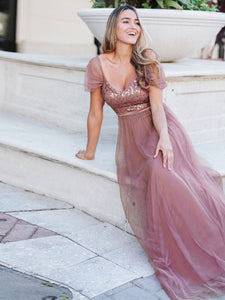 Color=Orchid | A-Line Sweetheart Neckline Ruffle Sleeve Tulle Bridesmaid Dress With Sequin-Purple Orchid 2