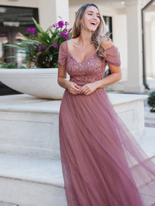 Color=Orchid | A-Line Sweetheart Neckline Ruffle Sleeve Tulle Bridesmaid Dress With Sequin-Purple Orchid 1