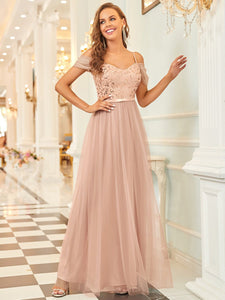 Color=Rose Gold | A-Line Sweetheart Neckline Ruffle Sleeve Tulle Bridesmaid Dress With Sequin-Rose Gold 1