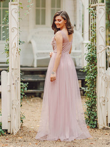 Color=Pink | Women'S A-Line Floral Appliques Wedding Party Bridesmaid Dress Ep00787-Pink 6