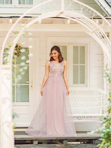 Color=Pink | Women'S A-Line Floral Appliques Wedding Party Bridesmaid Dress Ep00787-Pink 9