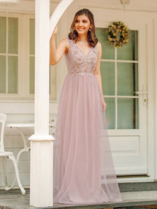 Color=Pink | Women'S A-Line Floral Appliques Wedding Party Bridesmaid Dress Ep00787-Pink 1
