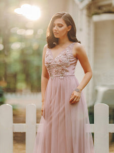 Color=Pink | Women'S A-Line Floral Appliques Wedding Party Bridesmaid Dress Ep00787-Pink 2