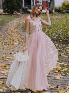 Color=Pink | Floral Appliqued V Neck Floor Length Tulle Bridesmaid Dress-Pink 4