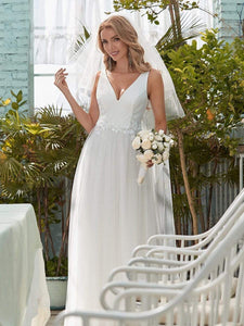 Color=Cream | Romantic V Neck Tulle Wedding Dress With Appliques-Cream 3