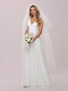 Color=Cream | Romantic V Neck Tulle Wedding Dress With Appliques-Cream 6