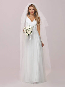 Color=Cream | Romantic V Neck Tulle Wedding Dress With Appliques-Cream 7