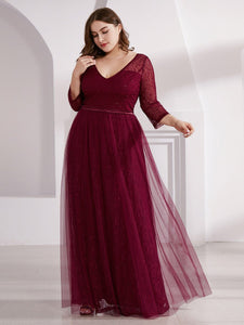 COLOR=Burgundy | Women'S V-Neck 3/4 Sleeve Lace Wedding Dress-Burgundy 13