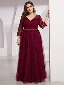 COLOR=Burgundy | Women'S V-Neck 3/4 Sleeve Lace Wedding Dress-Burgundy 14