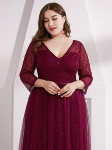 COLOR=Burgundy | Women'S V-Neck 3/4 Sleeve Lace Wedding Dress-Burgundy 15
