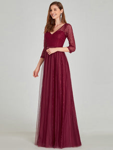 COLOR=Burgundy | Women'S V-Neck 3/4 Sleeve Lace Wedding Dress-Burgundy 8