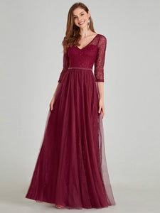 COLOR=Burgundy | Women'S V-Neck 3/4 Sleeve Lace Wedding Dress-Burgundy 9