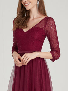 COLOR=Burgundy | Women'S V-Neck 3/4 Sleeve Lace Wedding Dress-Burgundy 10