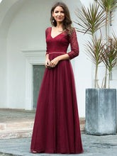 Load image into Gallery viewer, COLOR=Burgundy | Women&#39;S V-Neck 3/4 Sleeve Lace Wedding Dress-Burgundy 3