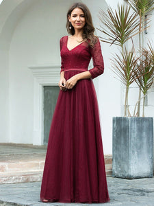 COLOR=Burgundy | Women'S V-Neck 3/4 Sleeve Lace Wedding Dress-Burgundy 3