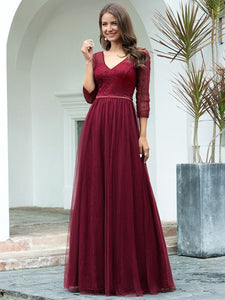COLOR=Burgundy | Women'S V-Neck 3/4 Sleeve Lace Wedding Dress-Burgundy 4