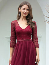 Load image into Gallery viewer, COLOR=Burgundy | Women&#39;S V-Neck 3/4 Sleeve Lace Wedding Dress-Burgundy 5