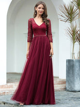 Load image into Gallery viewer, COLOR=Burgundy | Women&#39;S V-Neck 3/4 Sleeve Lace Wedding Dress-Burgundy 1