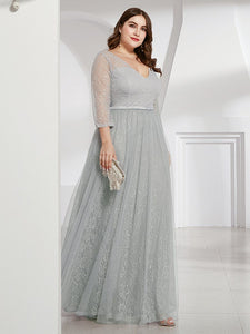 COLOR=Grey | Women'S V-Neck 3/4 Sleeve Lace Wedding Dress-Grey 8