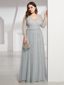 COLOR=Grey | Women'S V-Neck 3/4 Sleeve Lace Wedding Dress-Grey 9