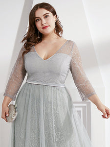 COLOR=Grey | Women'S V-Neck 3/4 Sleeve Lace Wedding Dress-Grey 10