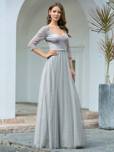 COLOR=Grey | Women'S V-Neck 3/4 Sleeve Lace Wedding Dress-Grey 3
